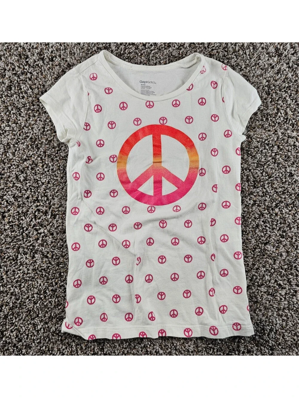 Gap Kids Girls Sz L Short Sleeve T Shirt All Over Peace Sign Print Pink White